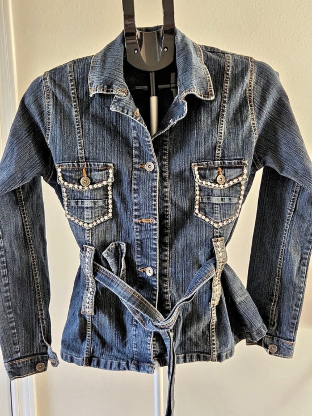 Lizzetty Y2K Luxury Sequin Denim Jacket Women’s M Belted Dark Wash Embellished